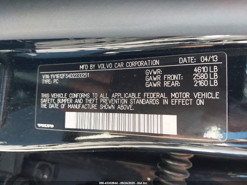 2013 Volvo S60 T5 VIN: YV1612FS4D2233251 Lot: 43302644