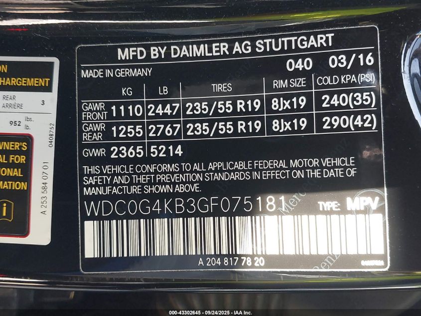 2016 Mercedes-Benz Glc 300 4Matic VIN: WDC0G4KB3GF075181 Lot: 43302645