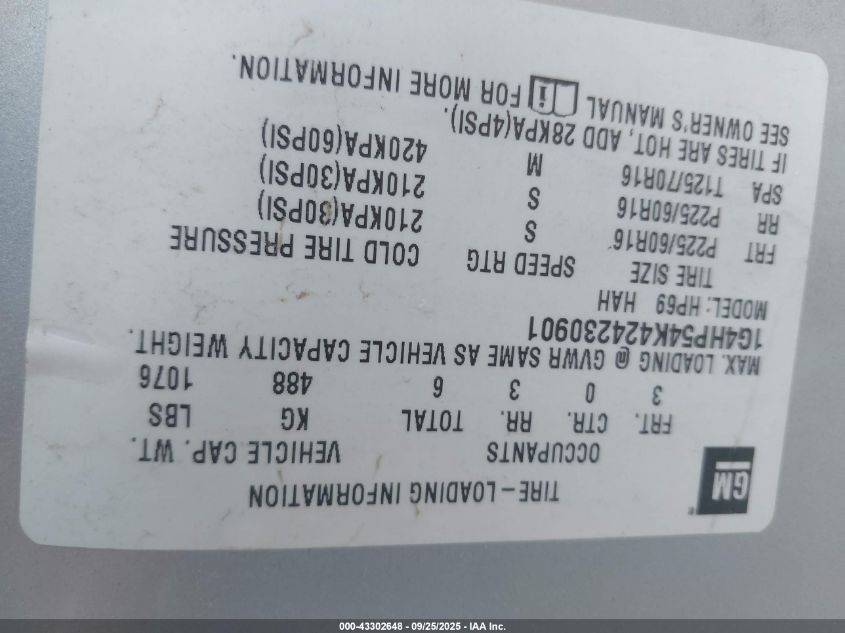 2002 Buick Lesabre Custom VIN: 1G4HP54K424230901 Lot: 43302648