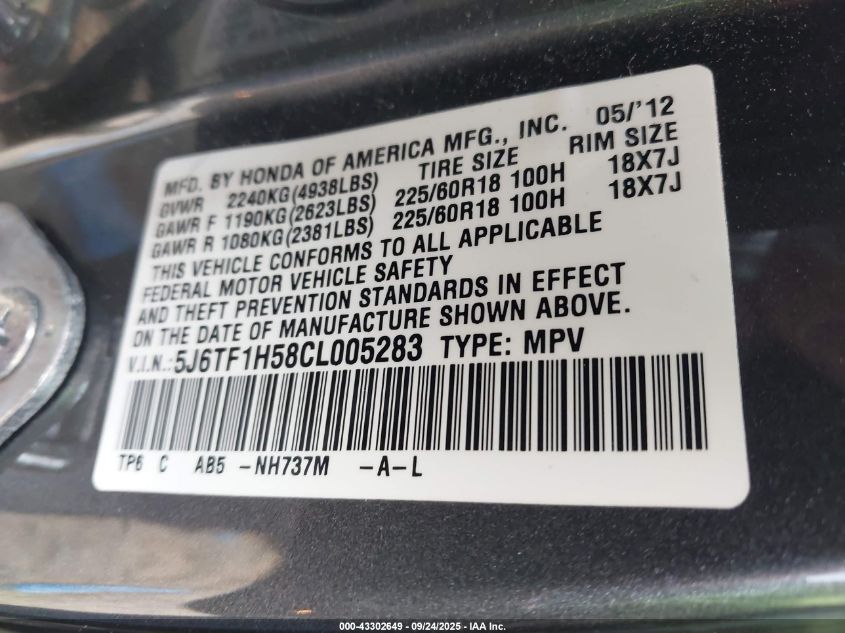 2012 Honda Crosstour Ex-L VIN: 5J6TF1H58CL005283 Lot: 43302649