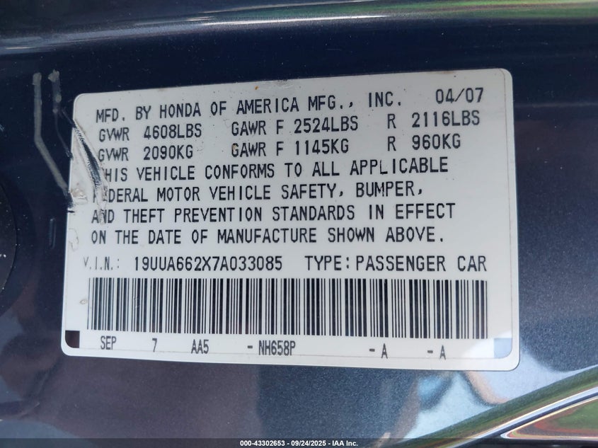 2007 Acura Tl 3.2 VIN: 19UUA662X7A033085 Lot: 43302653