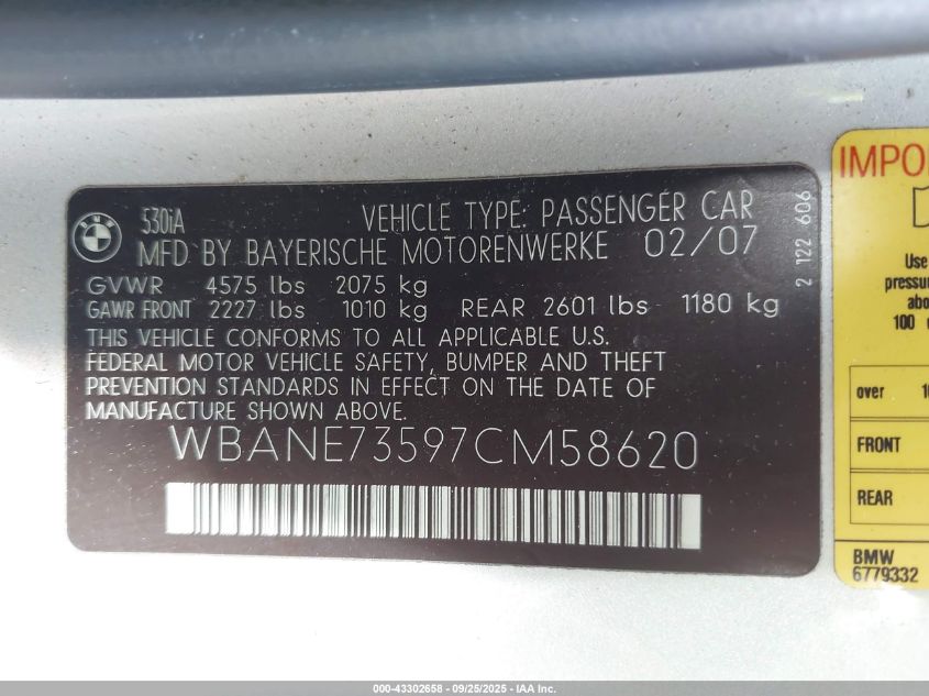 2007 BMW 530I VIN: WBANE73597CM58620 Lot: 43302658