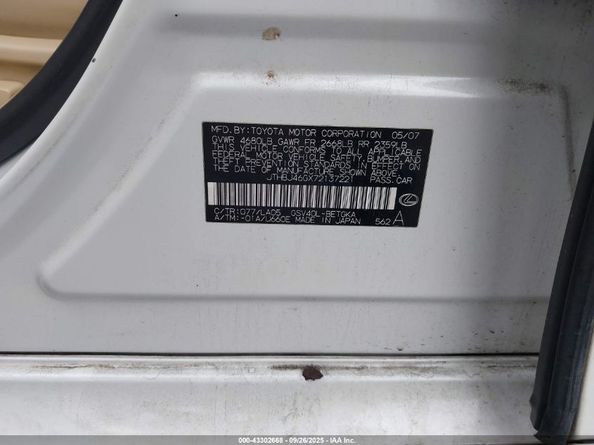 2007 Lexus Es 350 VIN: JTHBJ46GX72137221 Lot: 43302668