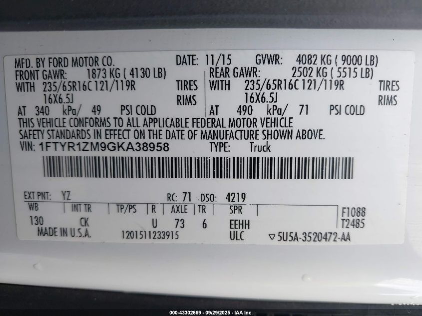 2016 Ford Transit-250 VIN: 1FTYR1ZM9GKA38958 Lot: 43302669