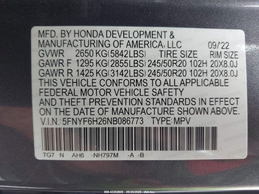2022 Honda Pilot Awd Special Edition VIN: 5FNYF6H26NB086773 Lot: 43302680