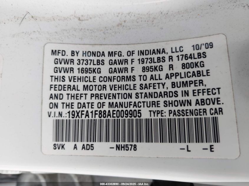 2010 Honda Civic Ex VIN: 19XFA1F88AE009905 Lot: 43302690