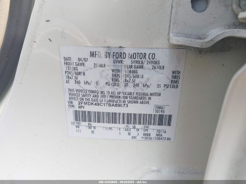 2007 Ford Edge Sel Plus VIN: 2FMDK49C17BA89873 Lot: 43302695