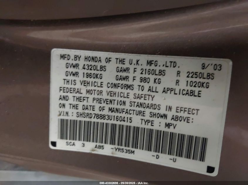 2003 Honda Cr-V Ex VIN: SHSRD78883U160415 Lot: 43302696