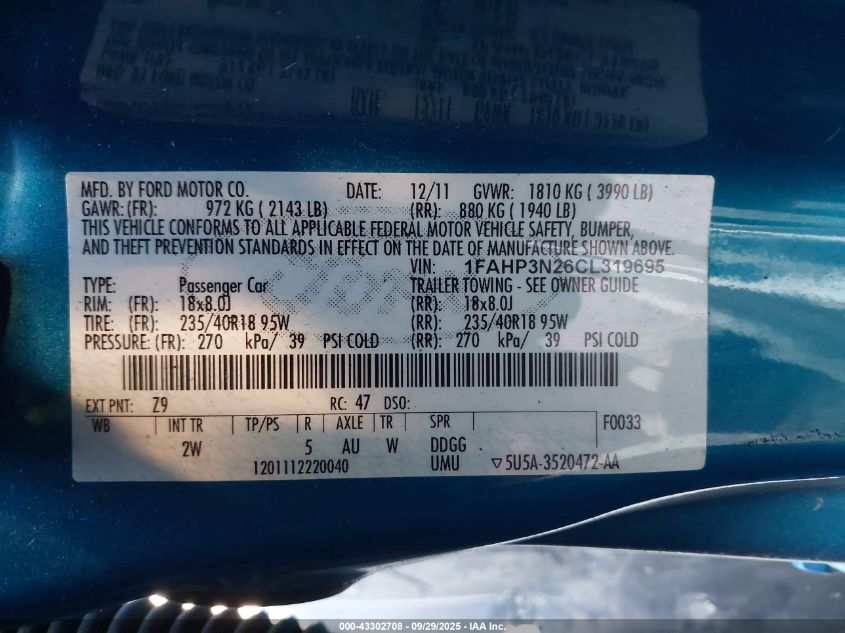 2012 Ford Focus Titanium VIN: 1FAHP3N26CL319695 Lot: 43302708