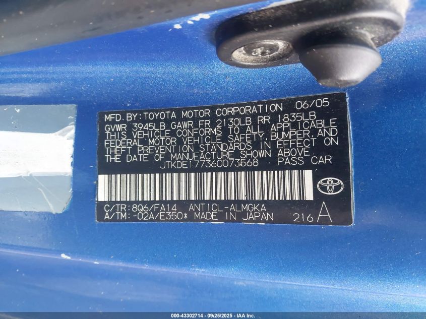 2006 Scion Tc VIN: JTKDE177360073568 Lot: 43302714