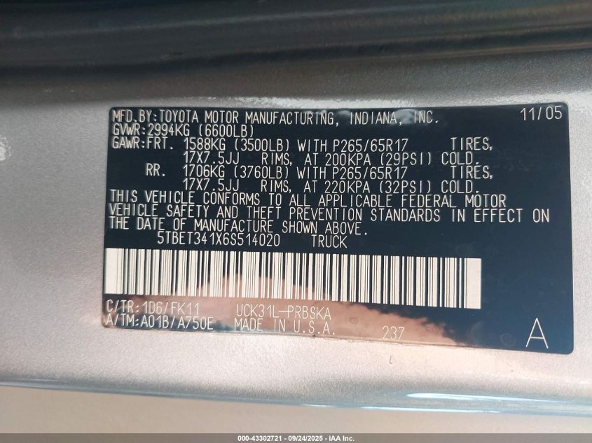 2006 Toyota Tundra Sr5 V8 VIN: 5TBET341X6S514020 Lot: 43302721