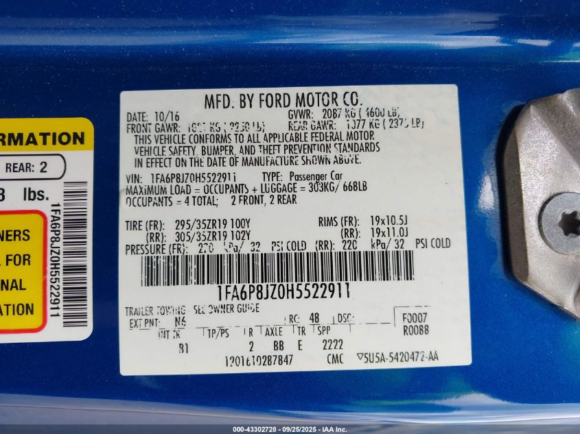 2017 Ford Shelby Gt350 VIN: 1FA6P8JZ0H5522911 Lot: 43302728