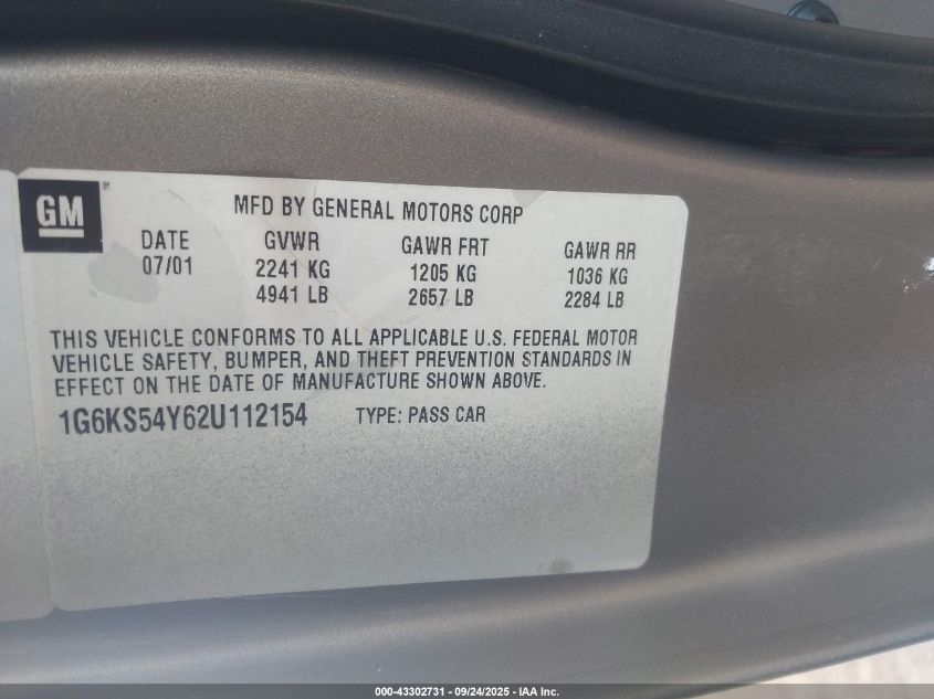 2002 Cadillac Seville Sls VIN: 1G6KS54Y62U112154 Lot: 43302731