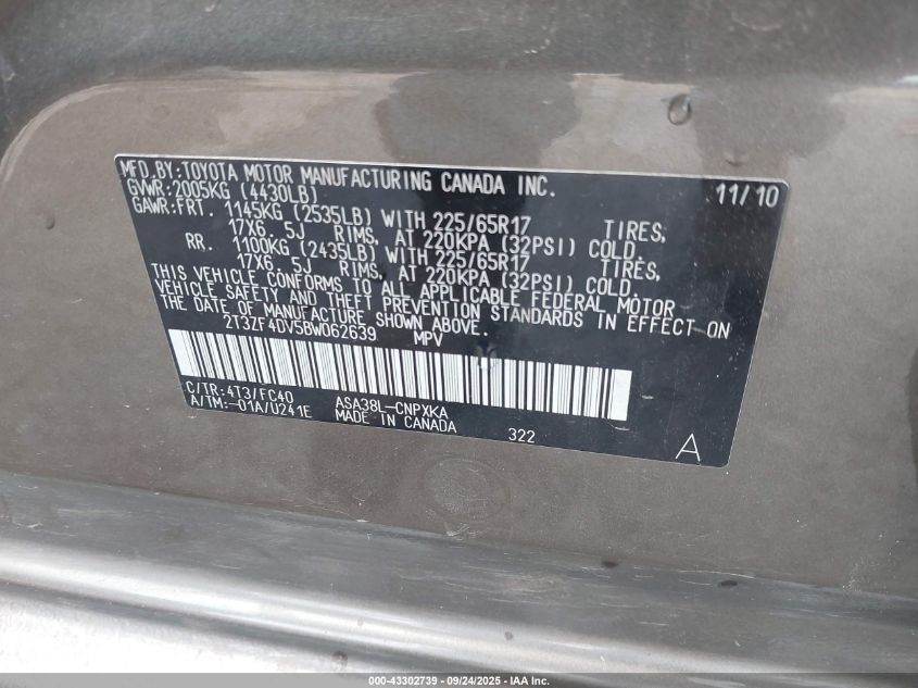 2011 Toyota Rav4 VIN: 2T3ZF4DV5BW062639 Lot: 43302739