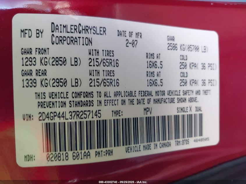 2007 Dodge Grand Caravan Sxt VIN: 2D4GP44L37R257145 Lot: 43302740