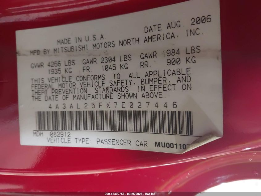 2007 Mitsubishi Eclipse Spyder Gs VIN: 4A3AL25FX7E027446 Lot: 43302756