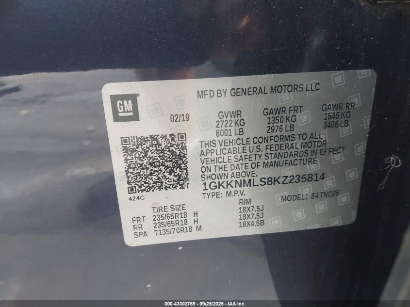 2019 GMC Acadia Slt-1 VIN: 1GKKNMLS8KZ235814 Lot: 43302769