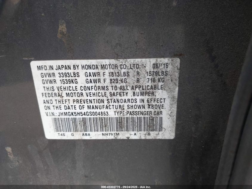 2016 Honda Fit Lx VIN: JHMGK5H54GS004863 Lot: 43302775