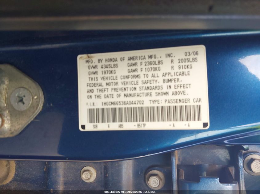2006 Honda Accord Sdn Ex-L V6 VIN: 1HGCM66536A044702 Lot: 43302779