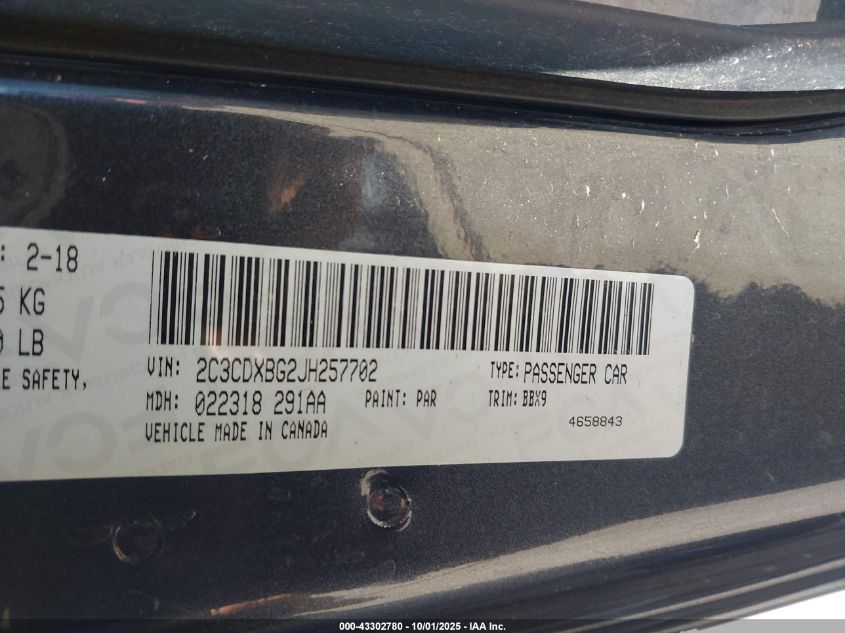 2018 Dodge Charger Sxt Rwd VIN: 2C3CDXBG2JH257702 Lot: 43302780