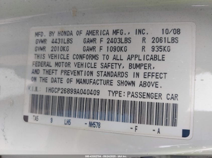 2009 Honda Accord 2.4 Ex-L VIN: 1HGCP26899A040409 Lot: 43302784