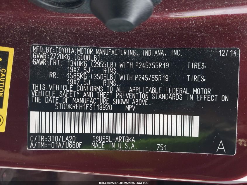 2015 Toyota Highlander Limited V6 VIN: 5TDDKRFH1FS118920 Lot: 43302787