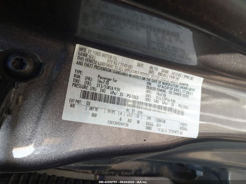 2014 Ford Focus Se VIN: 1FADP3F28EL172831 Lot: 43302791