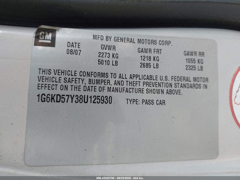 2008 Cadillac Dts 1Sa VIN: 1G6KD57Y38U125930 Lot: 43302798