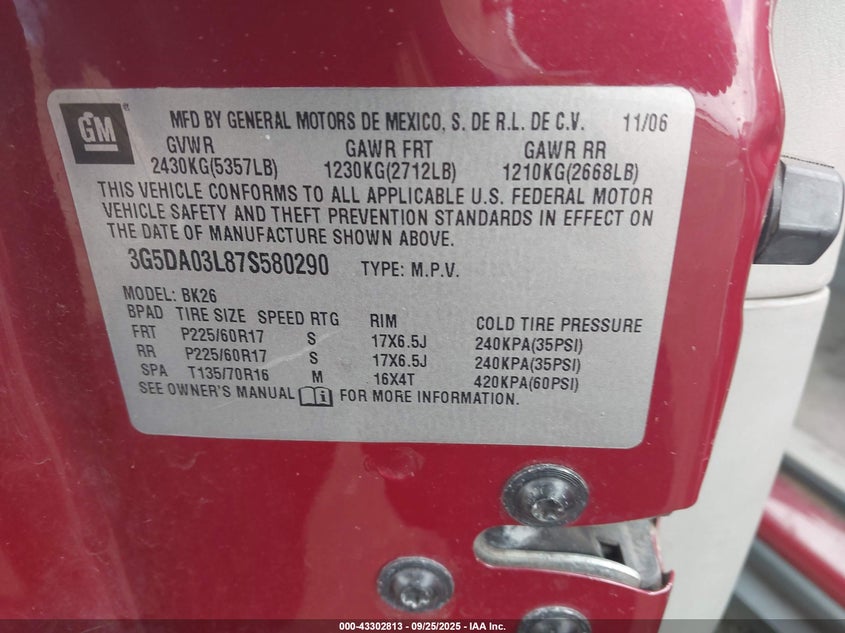 2007 Buick Rendezvous Cxl VIN: 3G5DA03L87S580290 Lot: 43302813