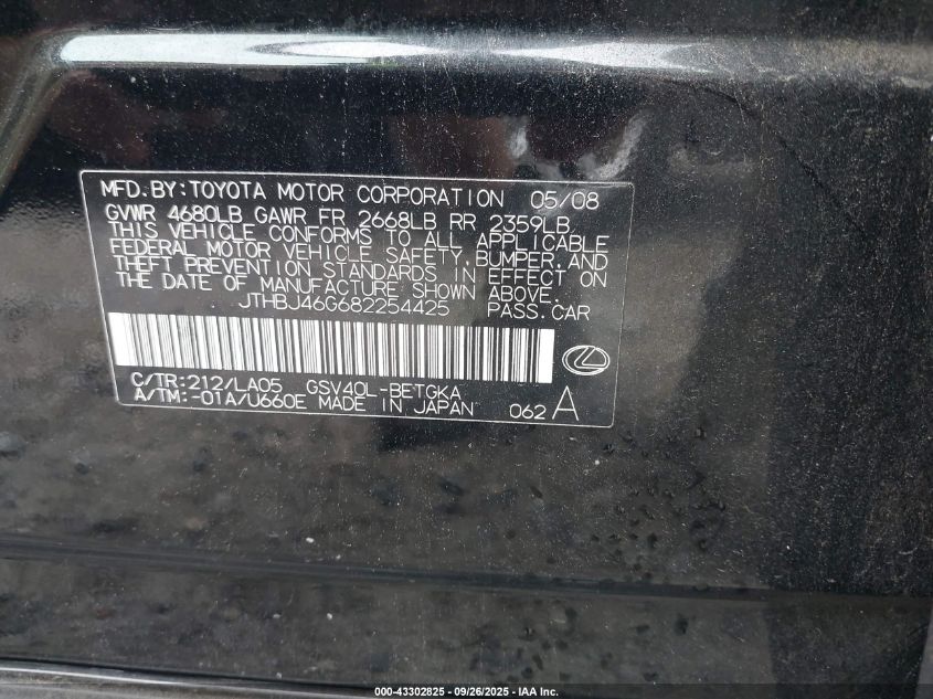 2008 Lexus Es 350 VIN: JTHBJ46G682254425 Lot: 43302825