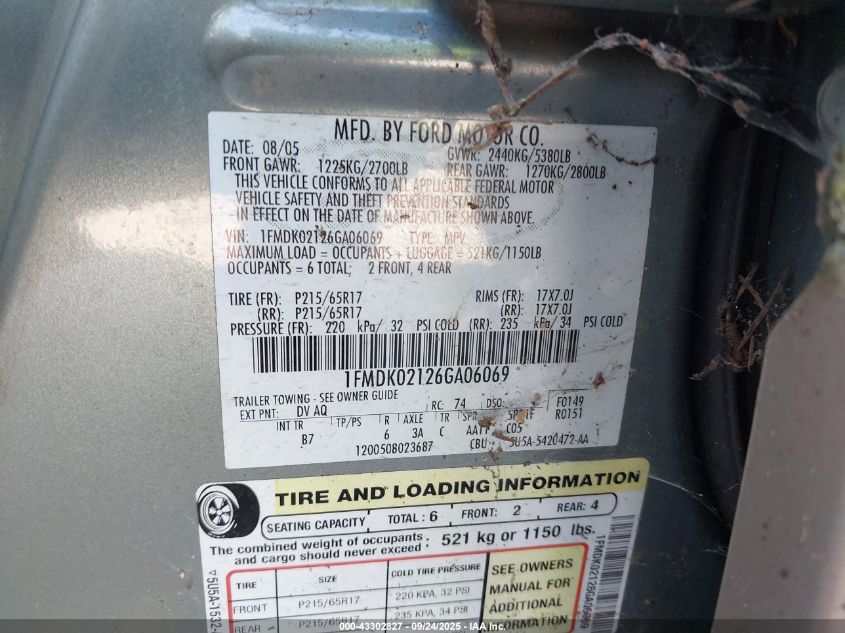 2006 Ford Freestyle Sel VIN: 1FMDK02126GA06069 Lot: 43302827