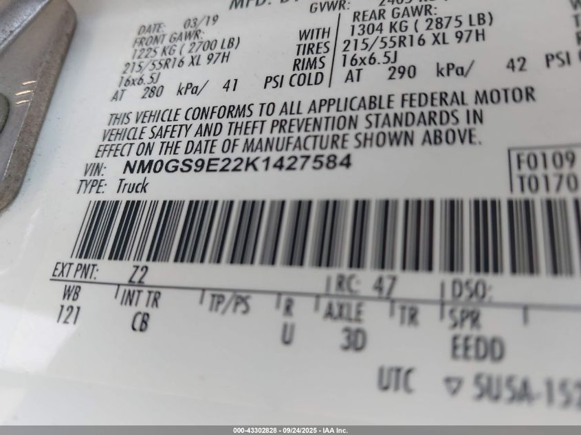 2019 Ford Transit Connect Xl VIN: NM0GS9E22K1427584 Lot: 43302828