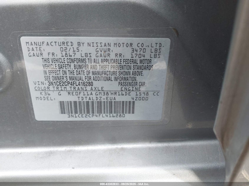 2015 NISSAN VERSA NOTE S (SR)/S PLUS/SL/SR/SV - 3N1CE2CP4FL416280