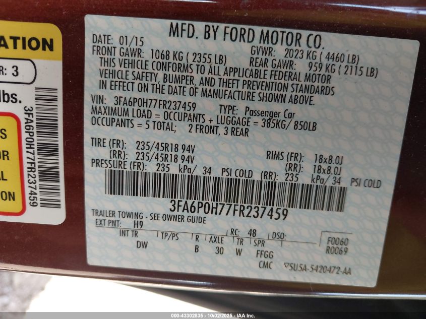 2015 Ford Fusion Se VIN: 3FA6P0H77FR237459 Lot: 43302835