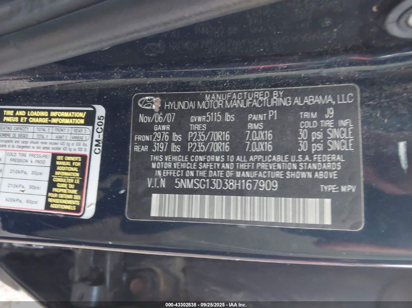 2008 Hyundai Santa Fe Gls VIN: 5NMSG13D38H167909 Lot: 43302838