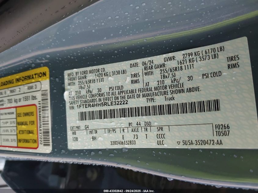 2024 Ford Ranger Xlt VIN: 1FTER4HH5RLE32222 Lot: 43302842