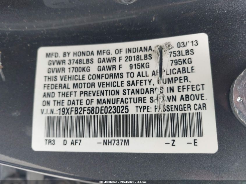 2013 Honda Civic Lx VIN: 19XFB2F58DE023025 Lot: 43302847