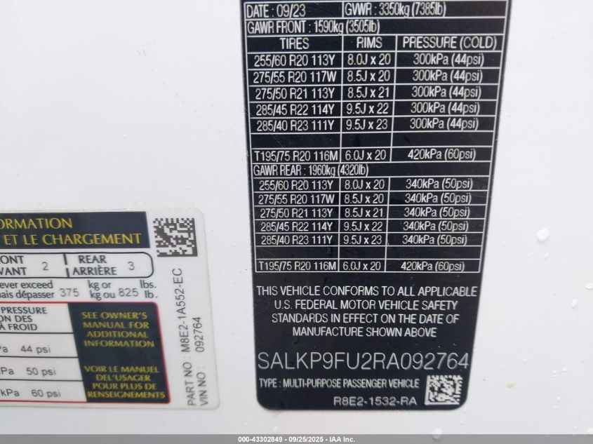 2024 Land Rover Range Rover P400 Se VIN: SALKP9FU2RA092764 Lot: 43303555