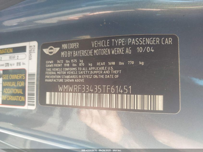 2005 Mini Cooper VIN: WMWRF33435TF61451 Lot: 43302876
