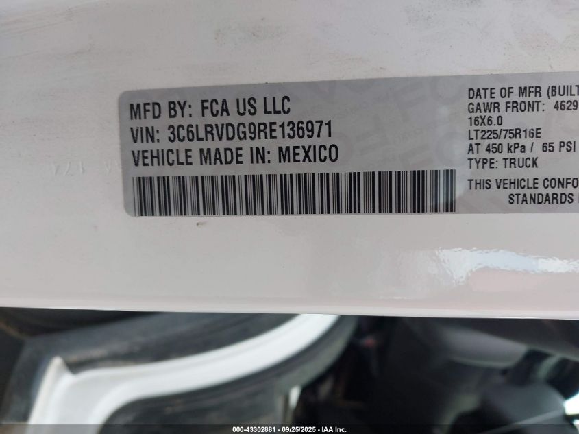 2024 Ram Promaster 2500 Tradesman High Roof 159 Wb W/Pass Seat VIN: 3C6LRVDG9RE136971 Lot: 43302881