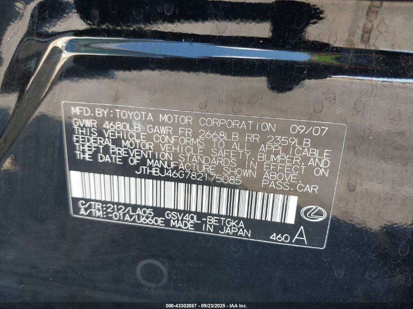 2008 Lexus Es 350 VIN: JTHBJ46G782175085 Lot: 43302887