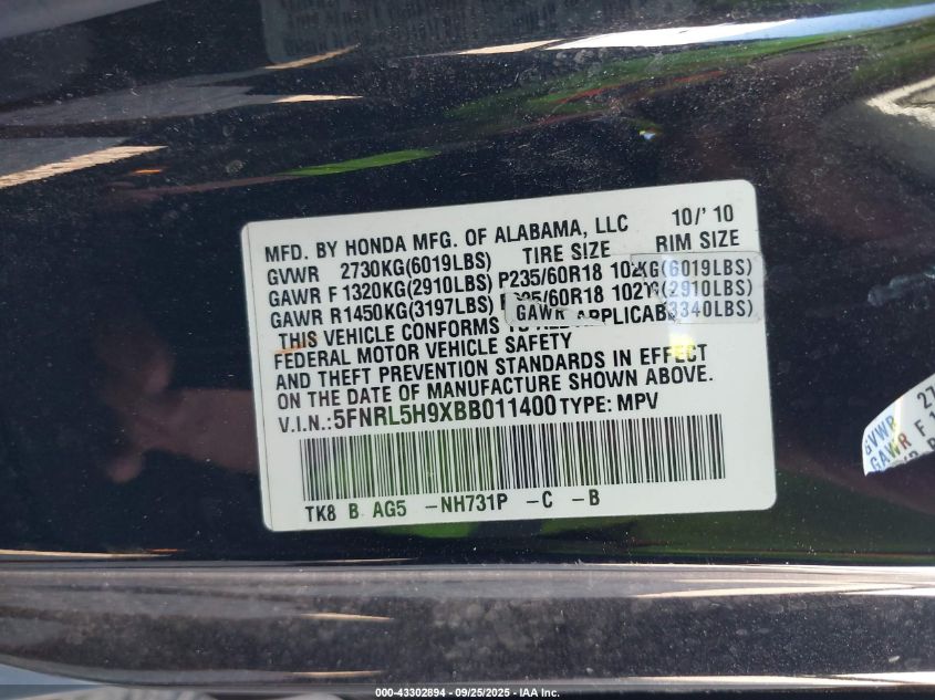 2011 Honda Odyssey Touring/Touring Elite VIN: 5FNRL5H9XBB011400 Lot: 43302894