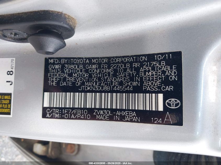 2011 Toyota Prius Two VIN: JTDKN3DU8B1445544 Lot: 43302895