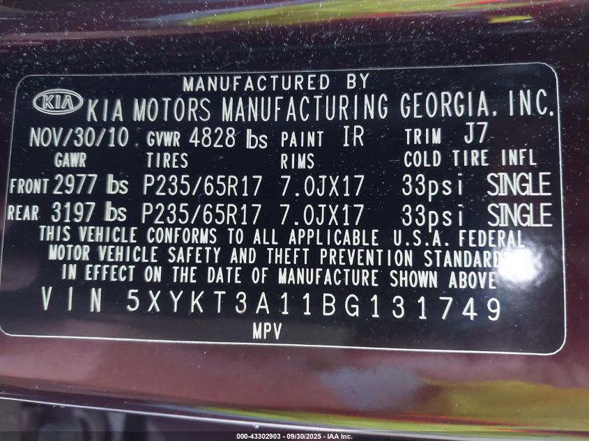 2011 Kia Sorento Lx VIN: 5XYKT3A11BG131749 Lot: 43302903