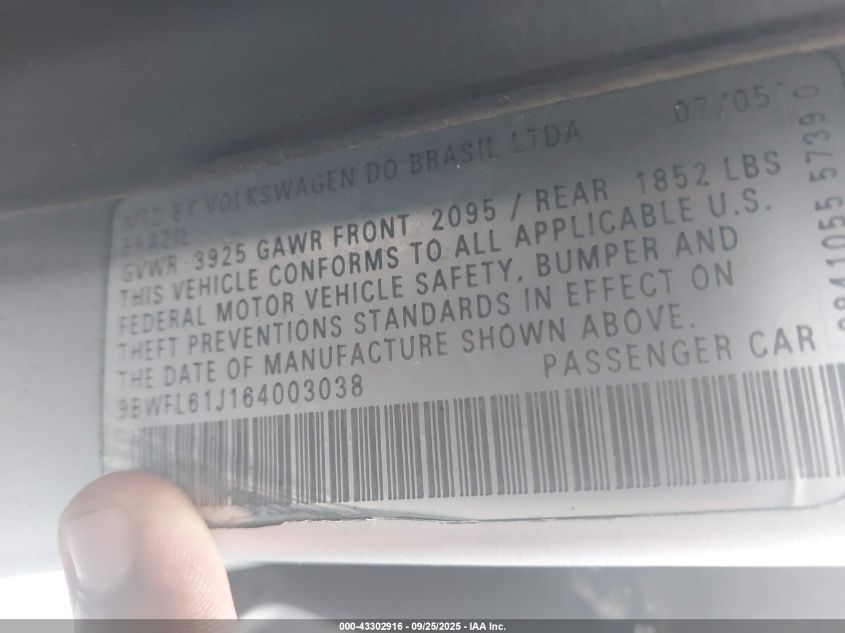 2006 Volkswagen Golf Gl 2.0L VIN: 9BWFL61J164003038 Lot: 43302916