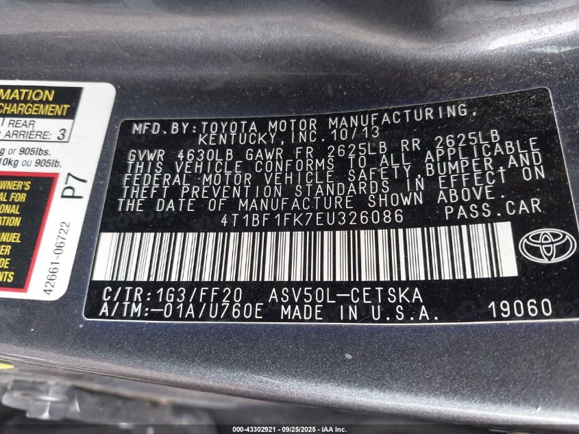 2014 Toyota Camry Se VIN: 4T1BF1FK7EU326086 Lot: 43302921