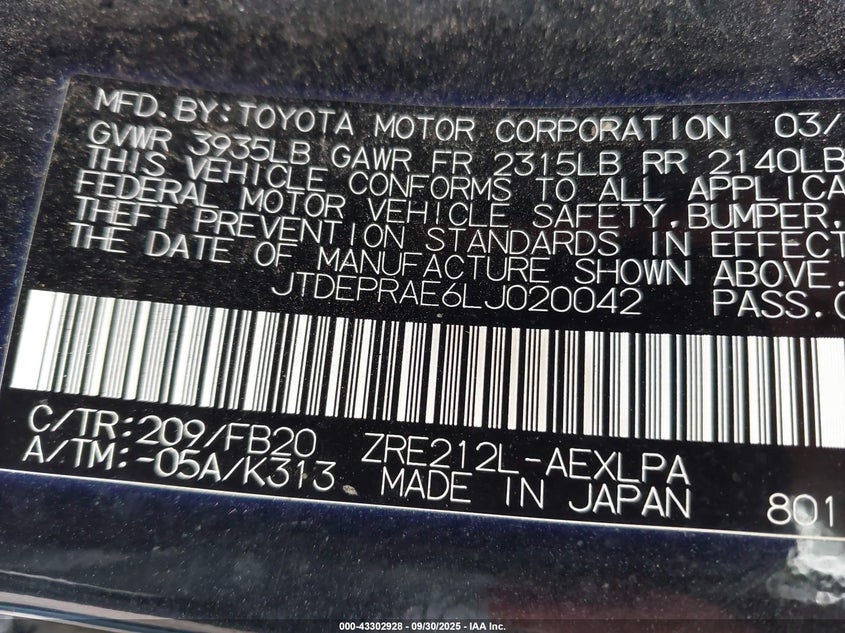 2020 TOYOTA COROLLA LE - JTDEPRAE6LJ020042