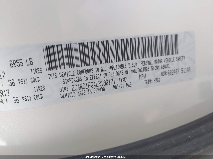 2020 Chrysler Pacifica Touring VIN: 2C4RC1FG4LR192171 Lot: 43302931