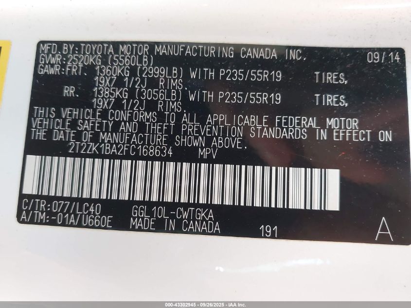 2015 Lexus Rx 350 VIN: 2T2ZK1BA2FC168634 Lot: 43302945