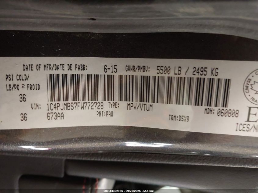 2015 Jeep Cherokee Trailhawk VIN: 1C4PJMBS7FW772728 Lot: 43302956